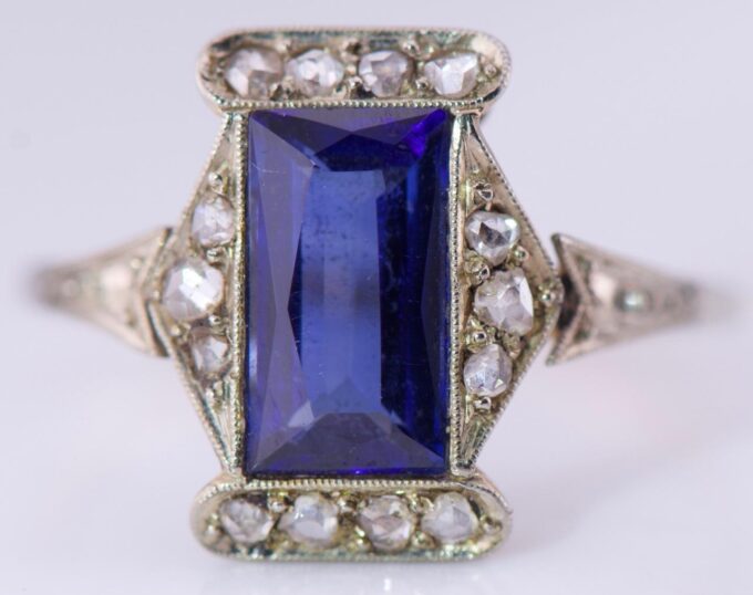 Amazing Antique Empire Ladies 14k Gold Ring Diamonds and 3ct Sapphire c1890's