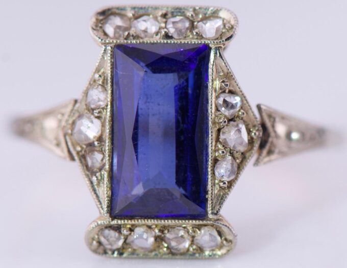 Amazing Antique Empire Ladies 14k Gold Ring Diamonds and 3ct Sapphire c1890's