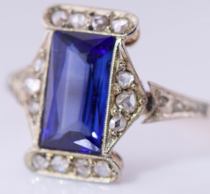 Amazing Antique Empire Ladies 14k Gold Ring Diamonds and 3ct Sapphire c1890's