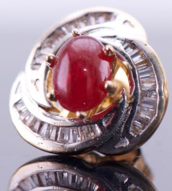 Vintage Estate Earrings Set 22k Gold Diamonds 3ct Cabochon Ruby Box c1950's