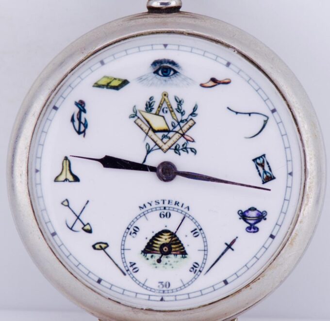 Antique "Mysteria" Pocket Watch Masonic Fancy Enamel Dial SKELETON MOVEMENT 1900