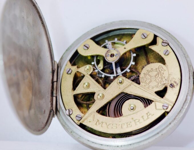 Antique "Mysteria" Pocket Watch Masonic Fancy Enamel Dial SKELETON MOVEMENT 1900