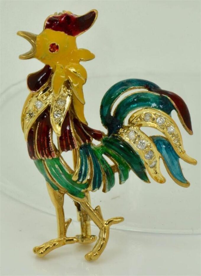 Rare Antique Victorian 18k Gold Plated Silver Enamel Diamonds Rooster Brooch