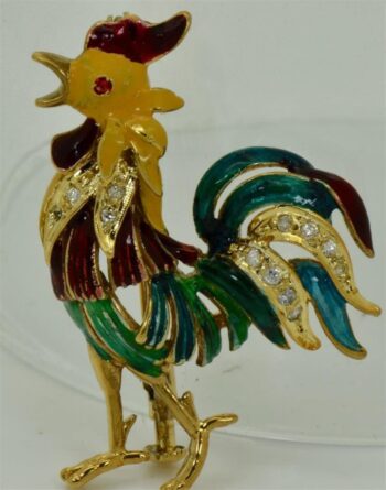Rare Antique Victorian 18k Gold Plated Silver Enamel Diamonds Rooster Brooch