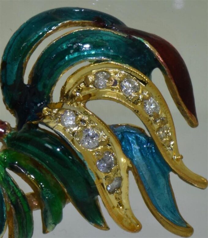 Rare Antique Victorian 18k Gold Plated Silver Enamel Diamonds Rooster Brooch