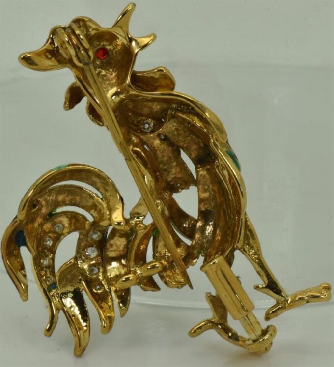 Rare Antique Victorian 18k Gold Plated Silver Enamel Diamonds Rooster Brooch