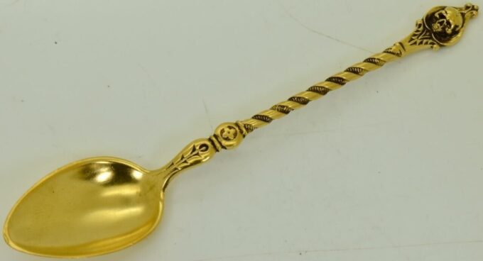 Rare antique spoon 19th Century Victorian 24k gold plated silver medicine skull