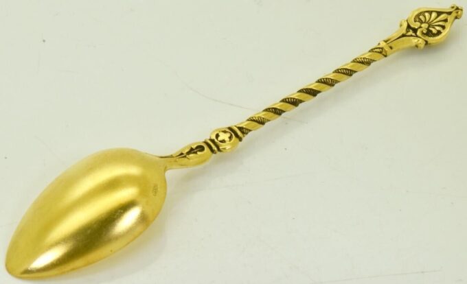 Rare antique spoon 19th Century Victorian 24k gold plated silver medicine skull