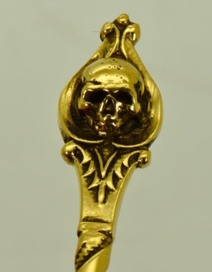 Rare antique spoon 19th Century Victorian 24k gold plated silver medicine skull