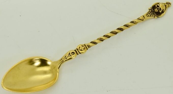 Rare antique spoon 19th Century Victorian 24k gold plated silver medicine skull