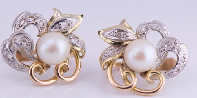 Antique Empire Era Earrings Set 18k Gold Diamond Pearls c1890 Boxed