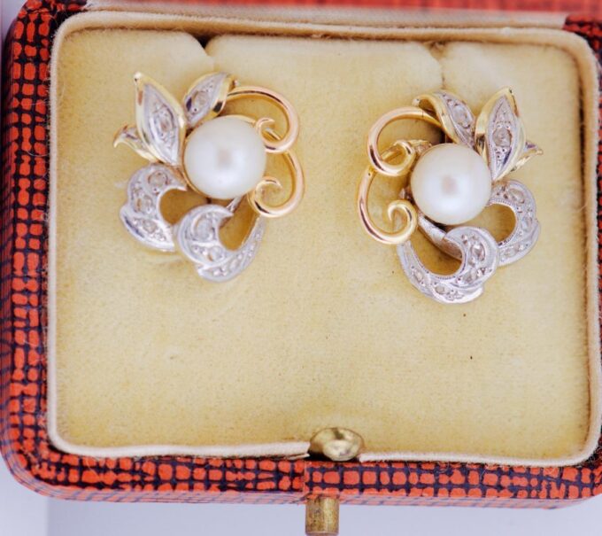 Antique Empire Era Earrings Set 18k Gold Diamond Pearls c1890 Boxed