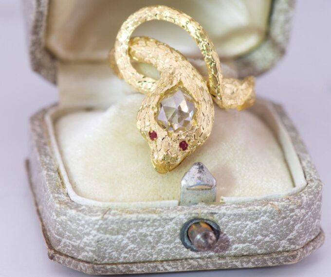 Antique Victorian Ring King Cobra Snake Serpent Gold 1.5ct Diamond-19th Century