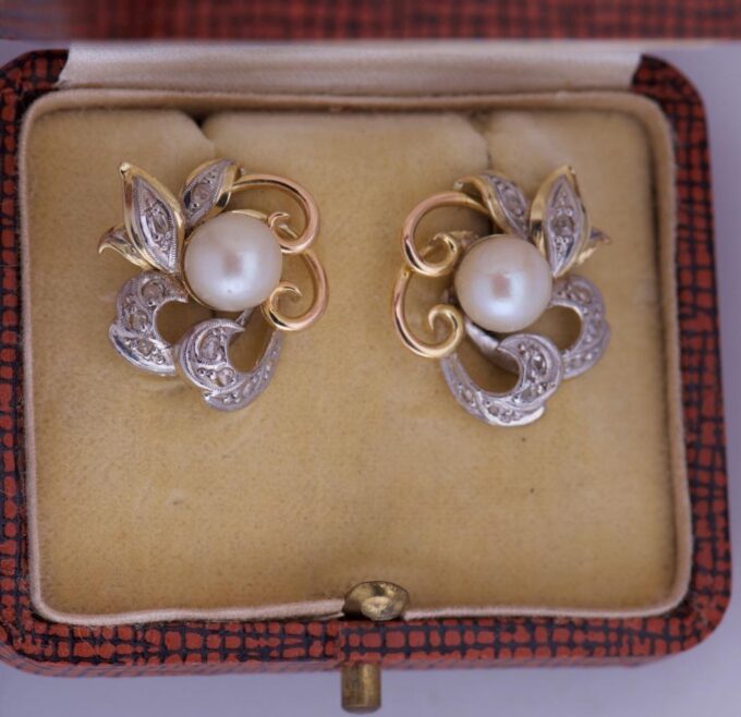 Antique Empire Era Earrings Set 18k Gold Diamond Pearls c1890 Boxed