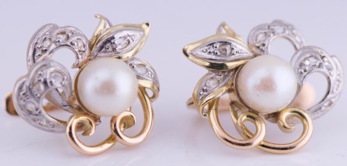 Antique Empire Era Earrings Set 18k Gold Diamond Pearls c1890 Boxed