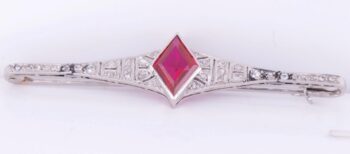 Antique French Art-Deco Brooch 18k White Gold Diamonds and Ruby c 1930's Boxed
