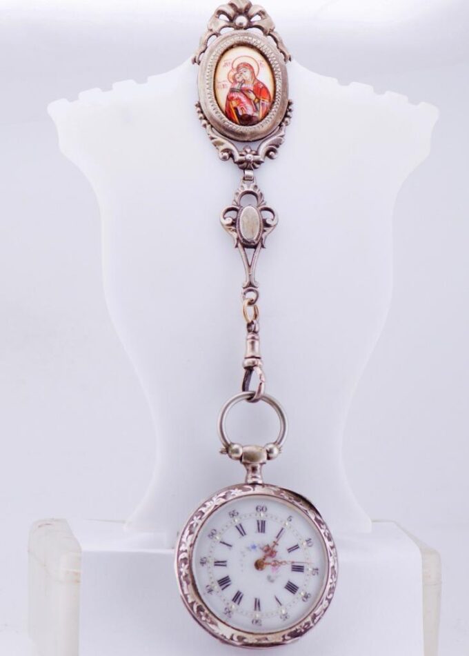 Imperial Russ Award Silver Pocket Watch and Silver Icon Enamel Chatelaine Fob