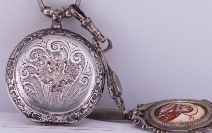 Imperial Russ Award Silver Pocket Watch and Silver Icon Enamel Chatelaine Fob