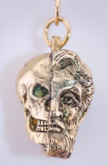Antique Victorian 18k Gilt Silver Two Face Skull Men Pendant Fob Memento Mori