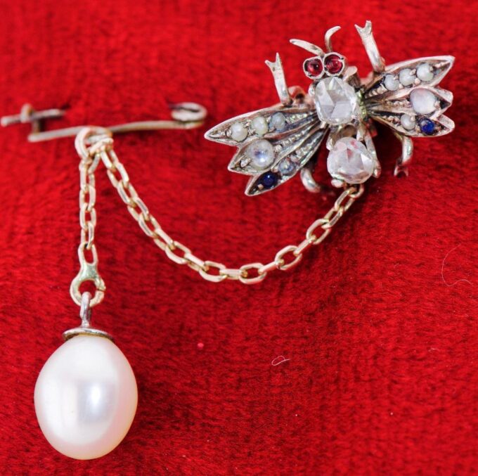 Antique Victorian Fly Brooch Scarf Clip Gold Silver Diamond Pearls Ruby Sapphire