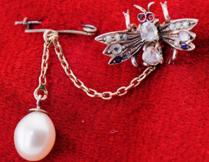 Antique Victorian Fly Brooch Scarf Clip Gold Silver Diamond Pearls Ruby Sapphire