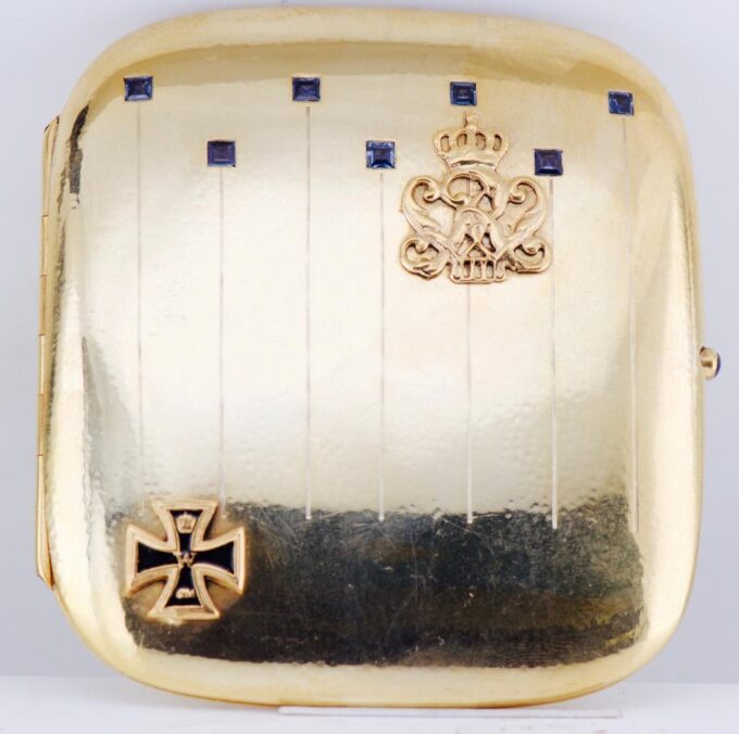 Antique WWI German Gilt Silver Sapphire Cigarette Case-Kaiser Wilhelm II Award