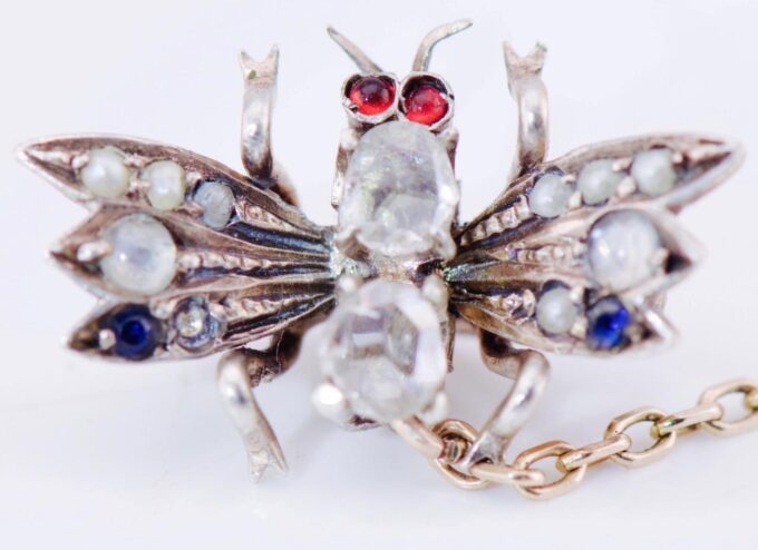 Antique Victorian Fly Brooch Scarf Clip Gold Silver Diamond Pearls Ruby Sapphire