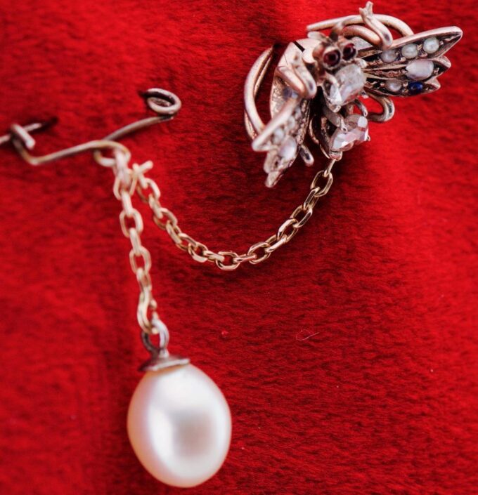 Antique Victorian Fly Brooch Scarf Clip Gold Silver Diamond Pearls Ruby Sapphire