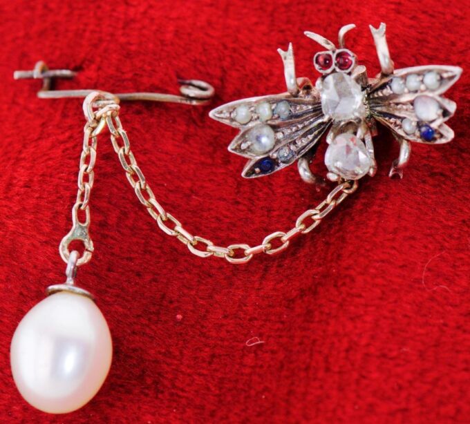 Antique Victorian Fly Brooch Scarf Clip Gold Silver Diamond Pearls Ruby Sapphire