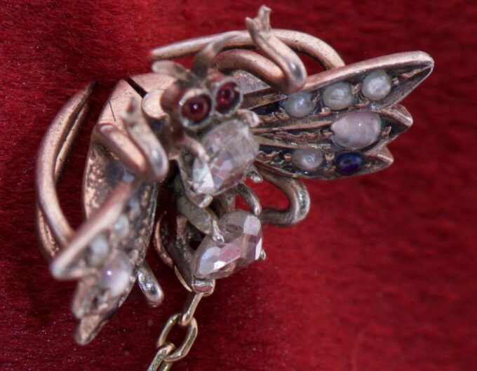 Antique Victorian Fly Brooch Scarf Clip Gold Silver Diamond Pearls Ruby Sapphire