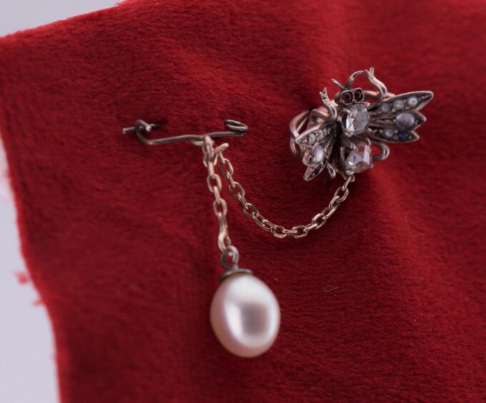 Antique Victorian Fly Brooch Scarf Clip Gold Silver Diamond Pearls Ruby Sapphire