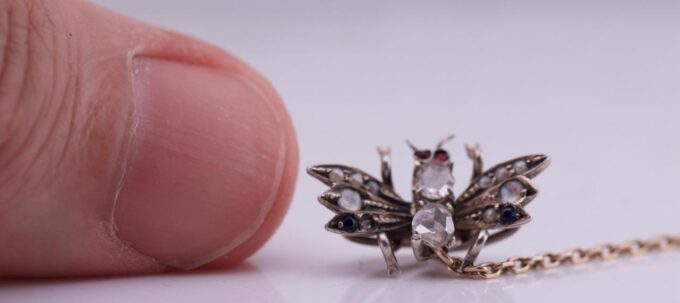 Antique Victorian Fly Brooch Scarf Clip Gold Silver Diamond Pearls Ruby Sapphire