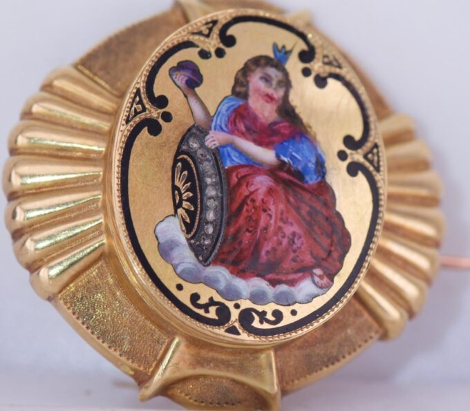 Antique Empire Locket Brooch 18k Gold Diamond Painted Enamel-Nurse Watch Holder