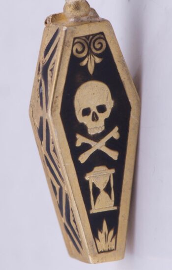 Antique Victorian Memento Mori Skeleton in Coffin Pendant Gilt Silver Enamel