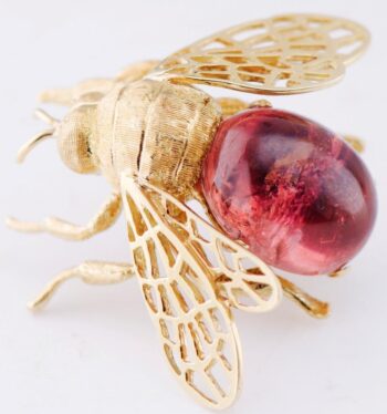 Antique French Boucheron Fly Brooch 18k Gold and 14.5ct Cabochon Tourmaline