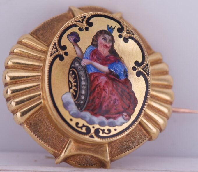 Antique Empire Locket Brooch 18k Gold Diamond Painted Enamel-Nurse Watch Holder