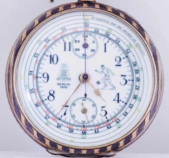 Antique Silver Niello CHRONOGRAPH Pocket Watch 1936 Berlin Olympic Game Football