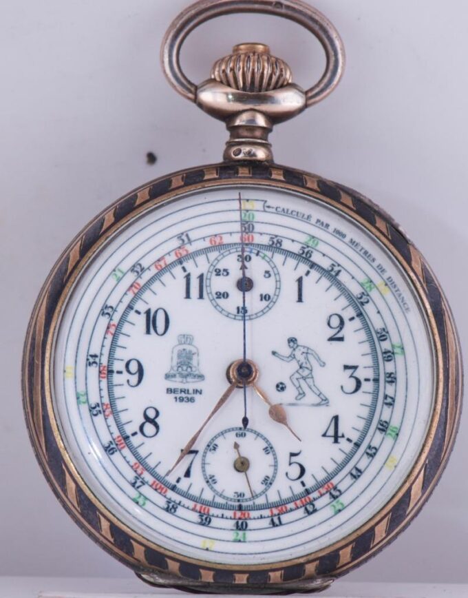 Antique Silver Niello CHRONOGRAPH Pocket Watch 1936 Berlin Olympic Game Football