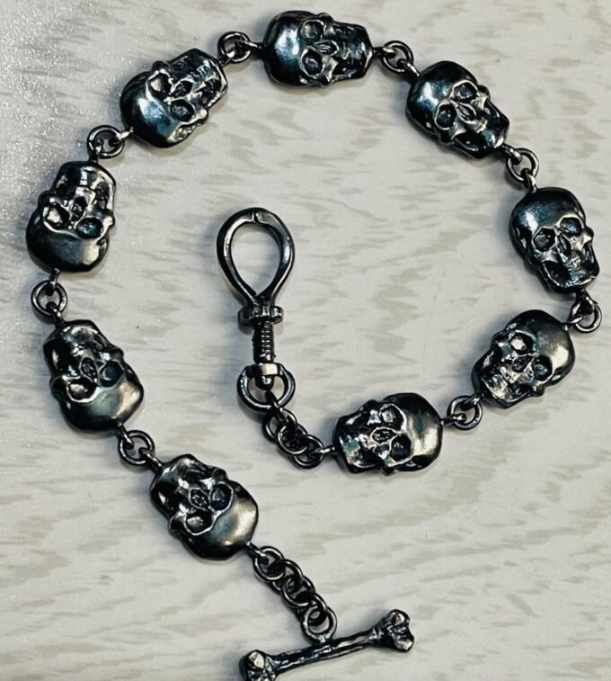 Victorian Solid Sterling Silver MEMENTO MORI SKULLS Pocket Watch Chain Fob 25cm