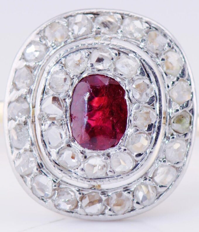 Antique Art-Deco French Ladies Ring 18k Gold 1ct Diamond and Burma Ruby c1930's