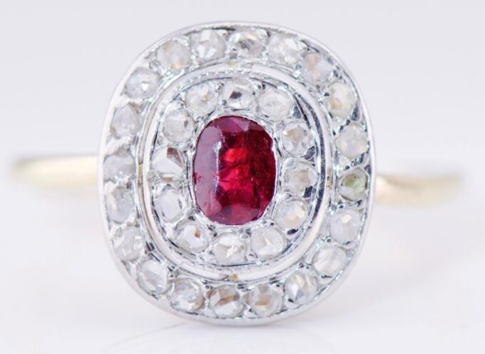 Antique Art-Deco French Ladies Ring 18k Gold 1ct Diamond and Burma Ruby c1930's