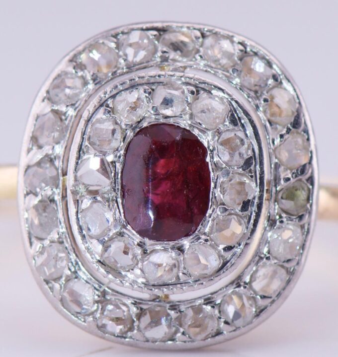 Antique Art-Deco French Ladies Ring 18k Gold 1ct Diamond and Burma Ruby c1930's