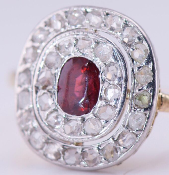 Antique Art-Deco French Ladies Ring 18k Gold 1ct Diamond and Burma Ruby c1930's