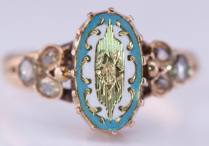 Amazing Antique Empire Ladies Ring 14k Gold Diamond and Enamel c1880's.