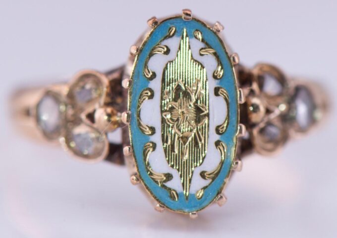 Amazing Antique Empire Ladies Ring 14k Gold Diamond and Enamel c1880's.