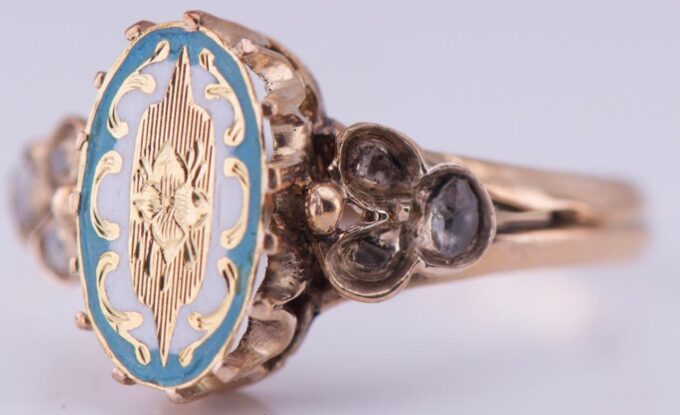 Amazing Antique Empire Ladies Ring 14k Gold Diamond and Enamel c1880's.