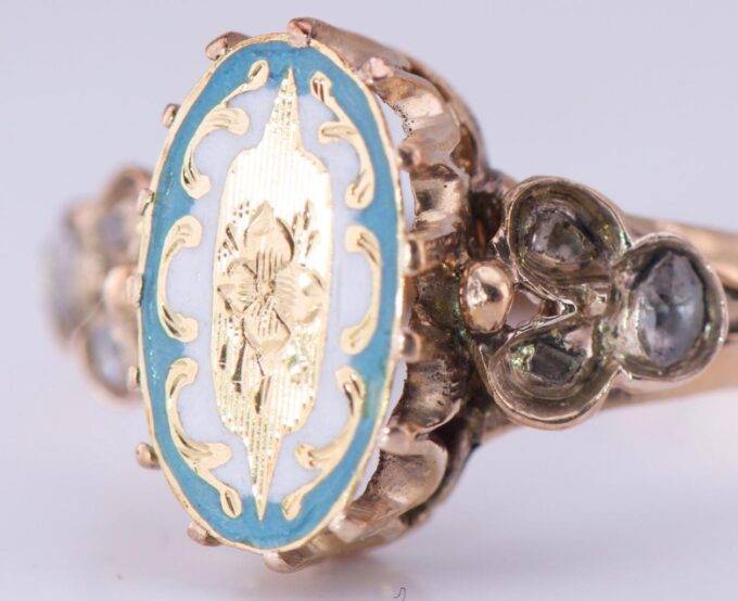 Amazing Antique Empire Ladies Ring 14k Gold Diamond and Enamel c1880's.