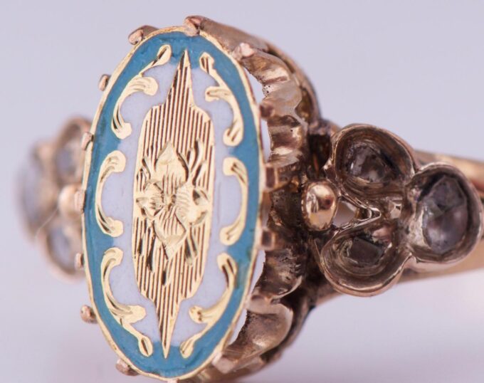 Amazing Antique Empire Ladies Ring 14k Gold Diamond and Enamel c1880's.