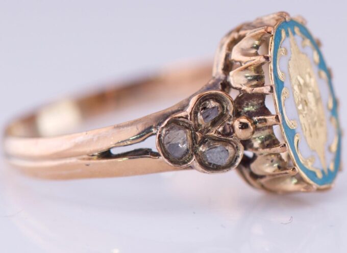 Amazing Antique Empire Ladies Ring 14k Gold Diamond and Enamel c1880's.