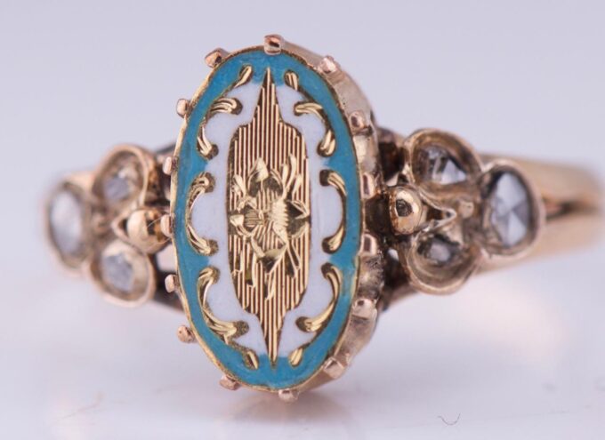 Amazing Antique Empire Ladies Ring 14k Gold Diamond and Enamel c1880's.